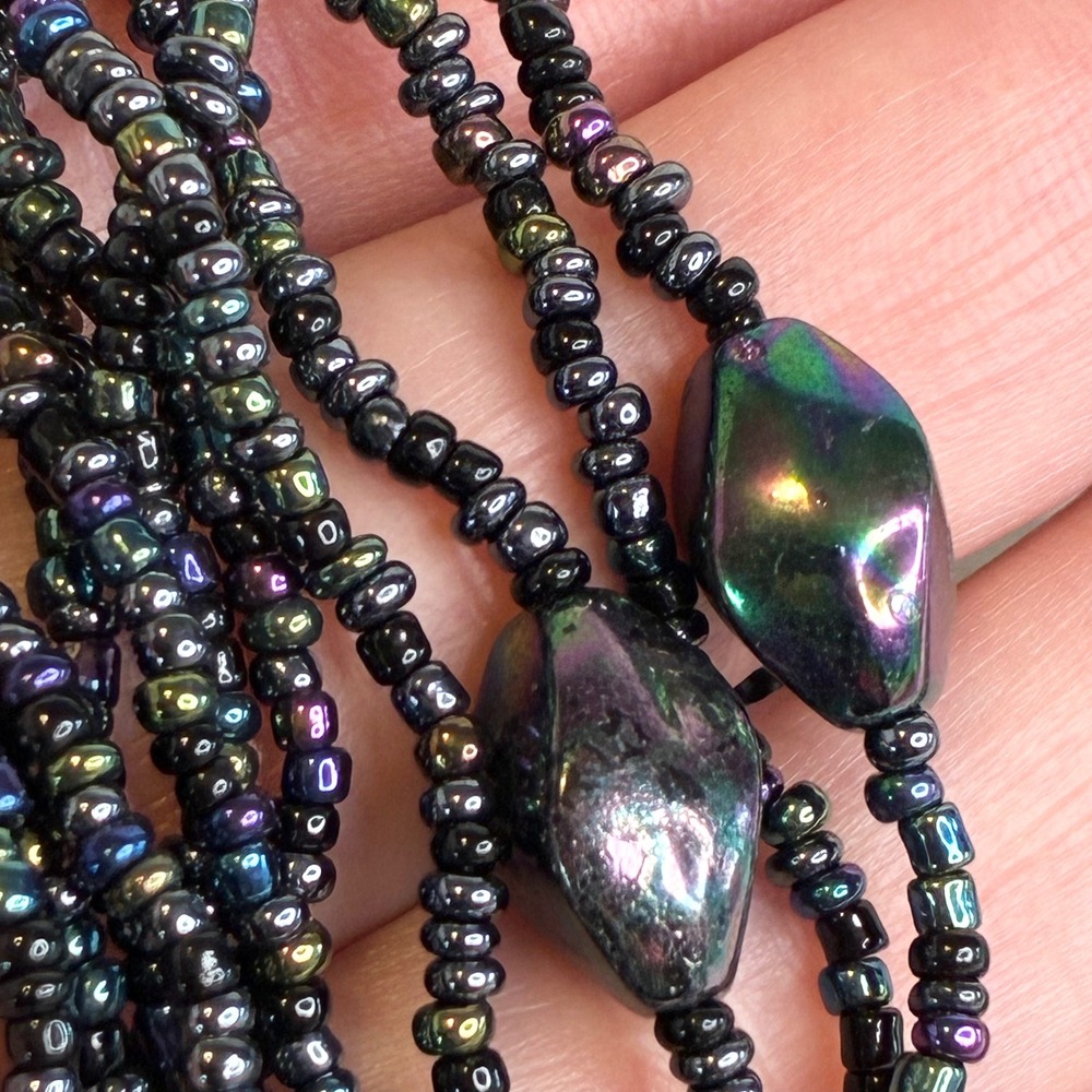 Vintage Necklace Iridescent Oil Slick Multi Strand Seed Bead 23"
